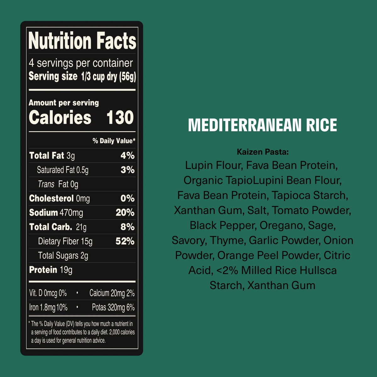 Nutrition facts label and ingredient list for Kaizen Mediterranean Rice against a solid dark green background.