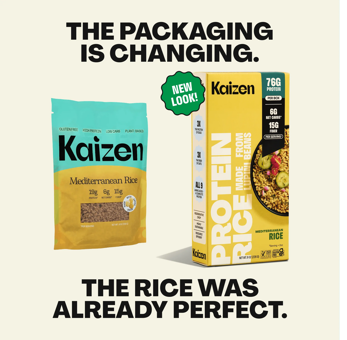 Kaizen Mediterranean Rice shown in a turquoise pouch and a new yellow vertical box with a photo of cooked rice.