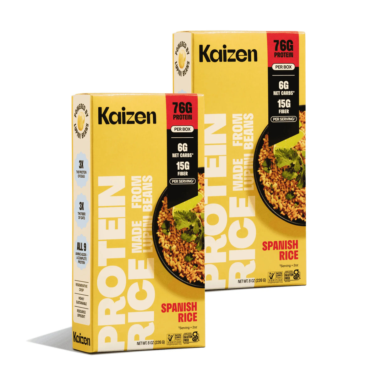 Two yellow boxes of Kaizen Spanish Protein Rice, featuring nutritional highlights, lupini bean base, and rice bowl art.