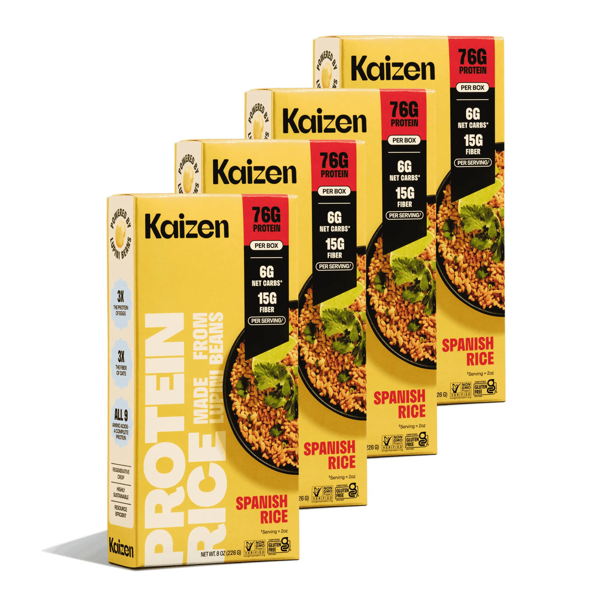 Four yellow boxes of Kaizen Low Carb Spanish Rice stacked diagonally, showing nutrition facts and bowls of rice.