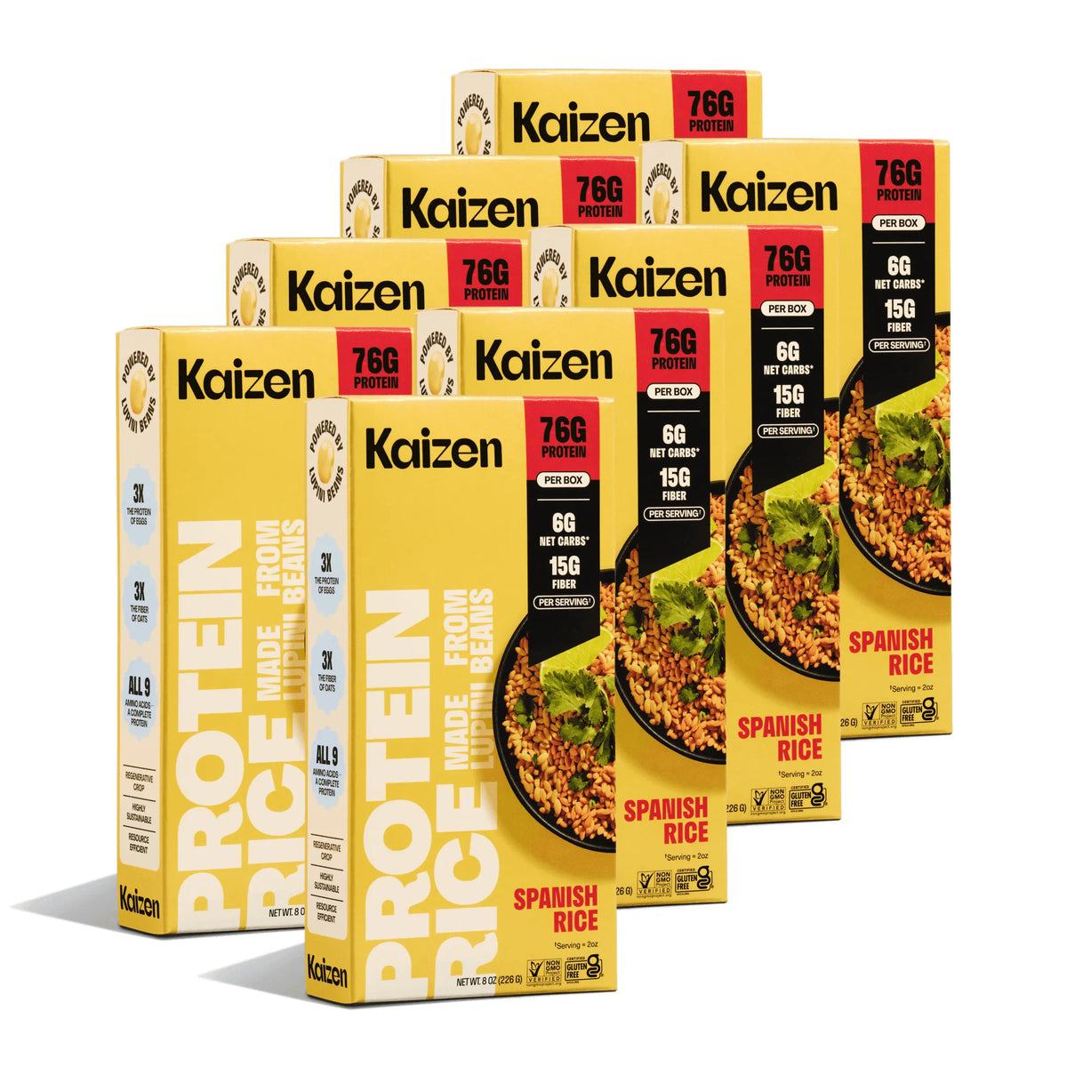 Stacked boxes of Kaizen Low Carb Spanish Rice featuring bold yellow packaging, nutrition stats, and a bowl of rice.