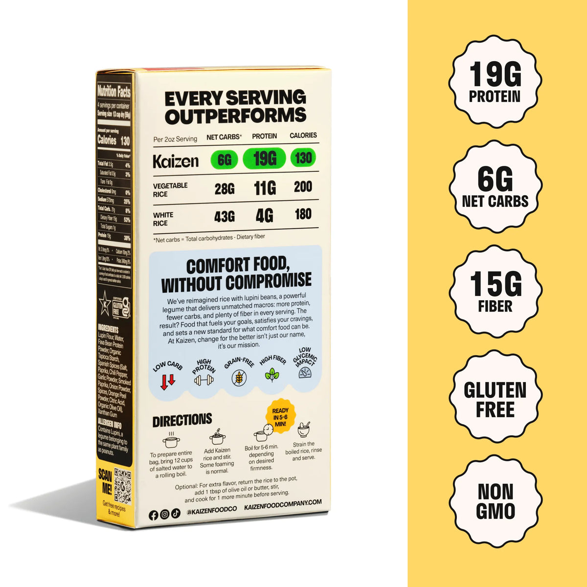 Kaizen low carb Spanish rice box showing nutrition facts, instructions, and features in a yellow and white design.