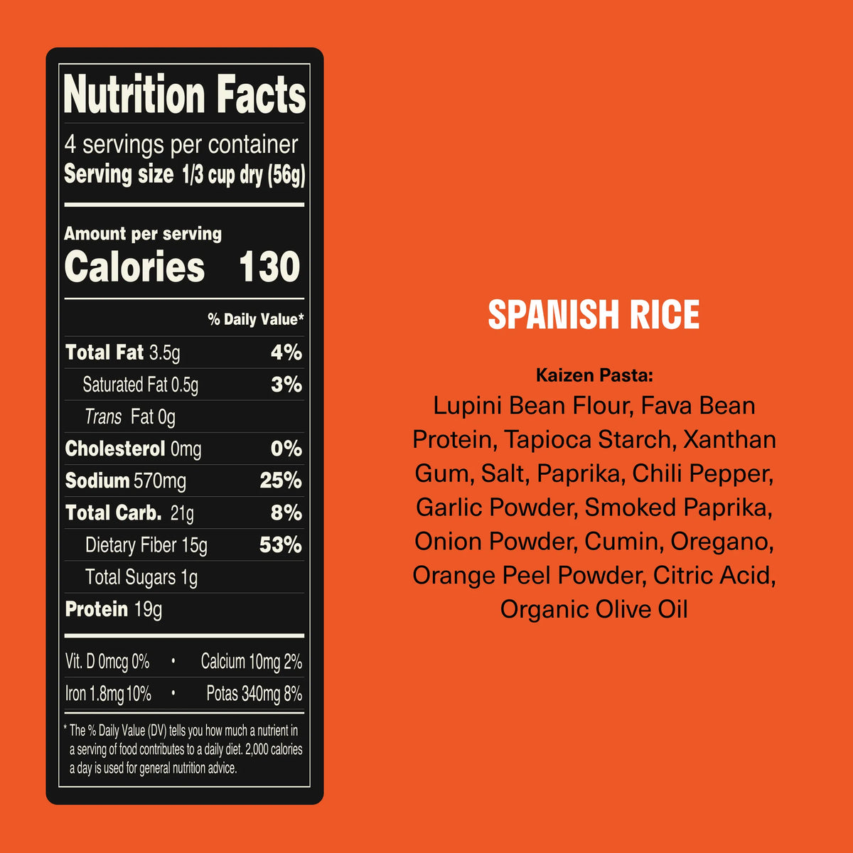 Nutrition facts panel and ingredient list for Kaizen Food Company Spanish Rice on an orange background.