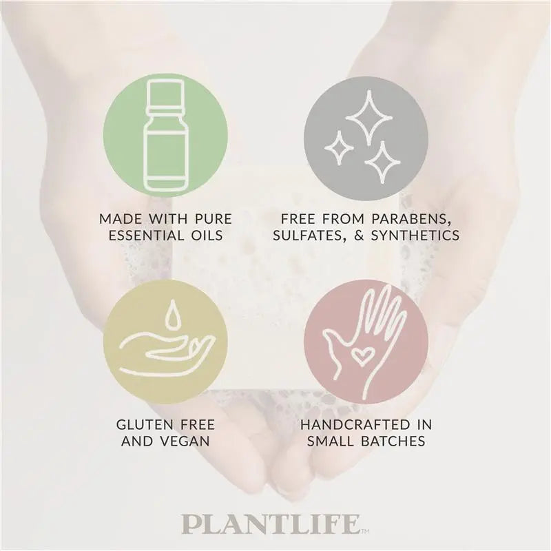 Hands holding a soap bar with four circular icons detailing natural ingredients, cruelty-free, and handcrafted features.