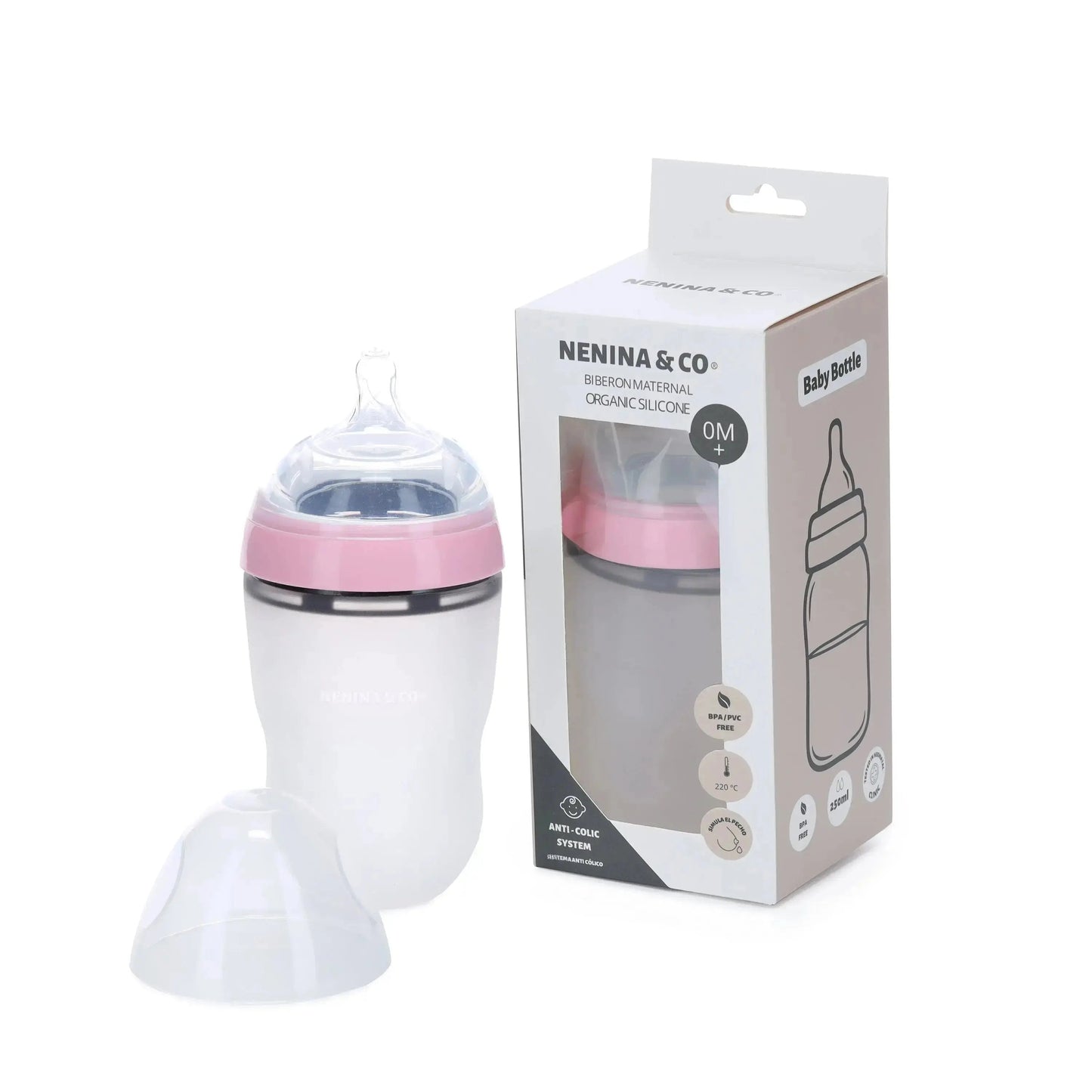 Pack Biberon flujo lento + Chupete Clásico Rosa pálido Nenina & Co