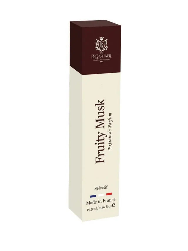 Tall rectangular Fruity Musk perfume box with a dark brown top, cream body, logo, and French flag graphic.