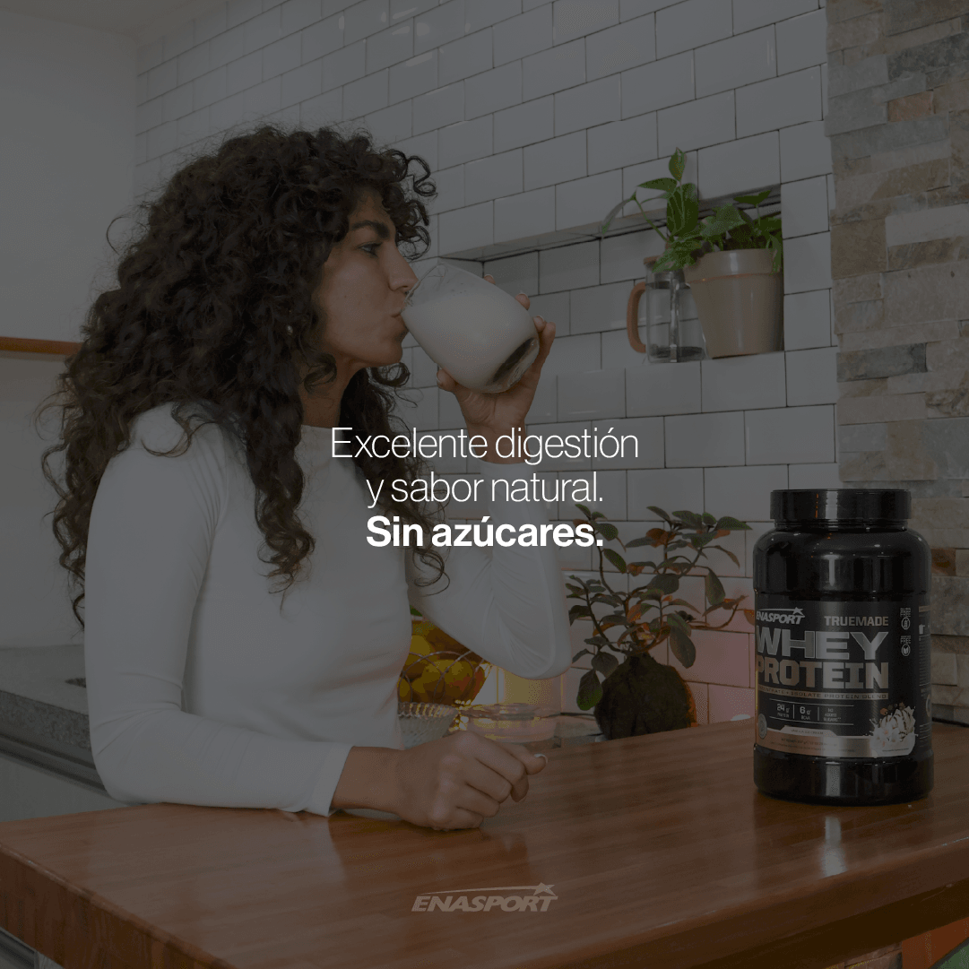 Whey protein in black container with woman drinking shake; natural flavor, sugar-free, stylish kitchen setting.