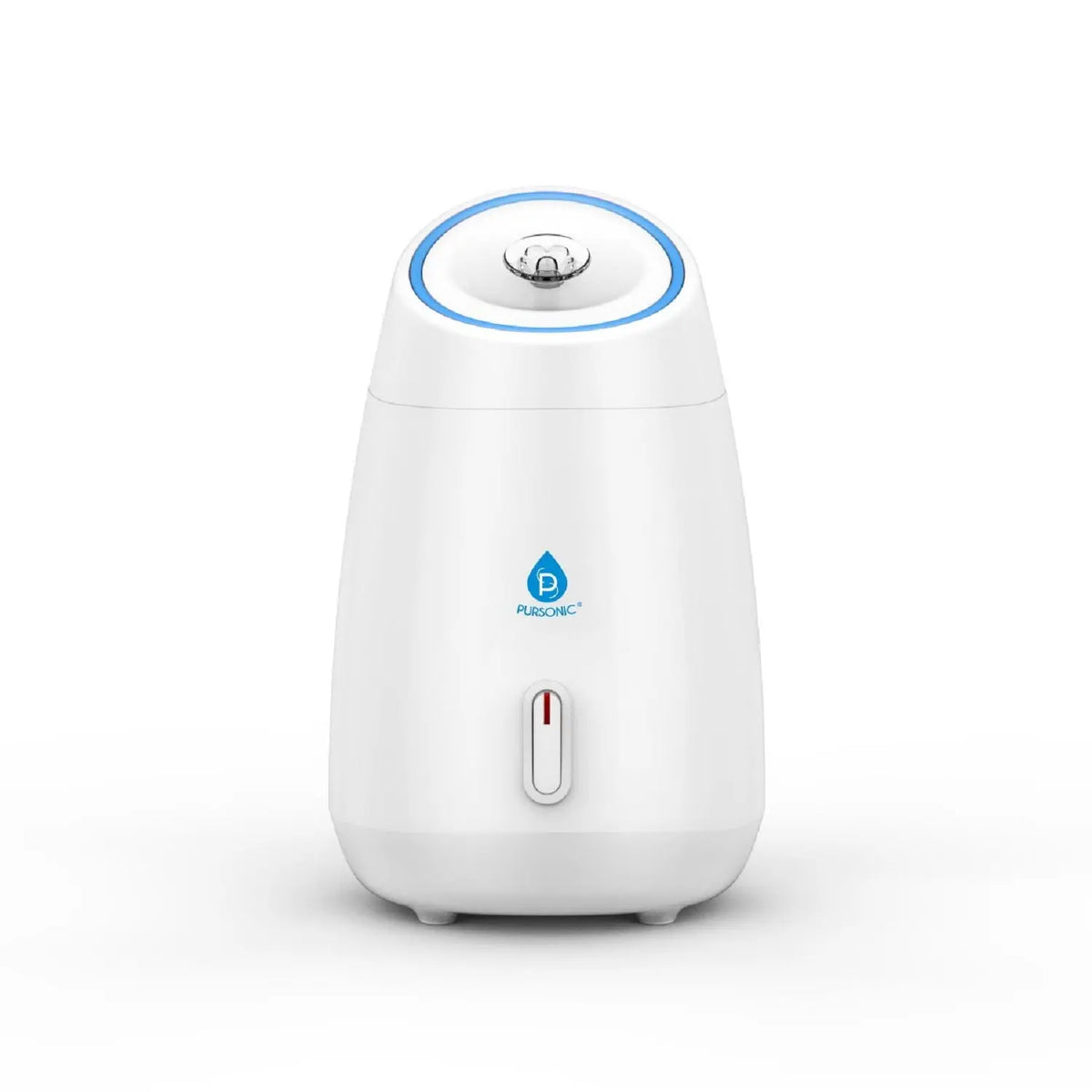White, rounded facial steamer with a blue light ring, central nozzle, and Pursonic logo, set on a white background.