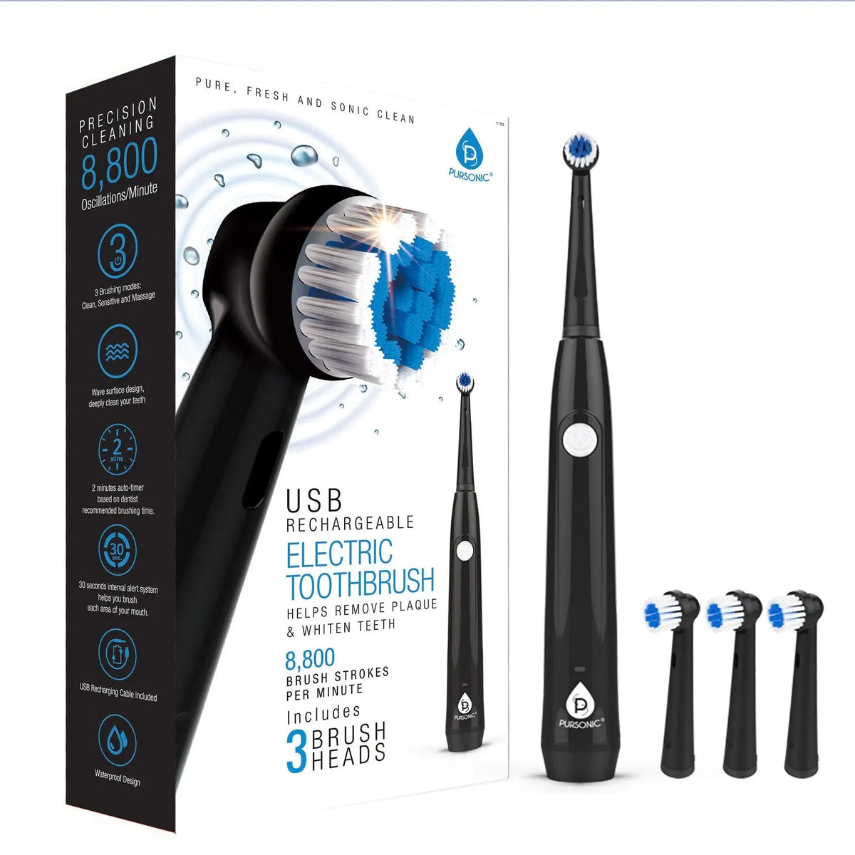 Black USB rechargeable electric toothbrush with round head, three extra brush heads, and illustrated product box.