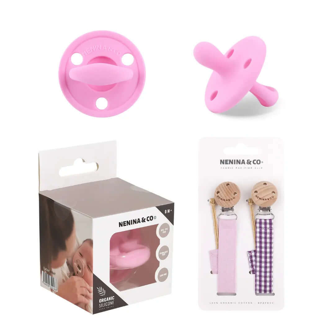 Kit Nenina & Co – Rosa chicle| 2 Chupeteros Algodón Orgánico + 1 Chupete Clásico de Silicona