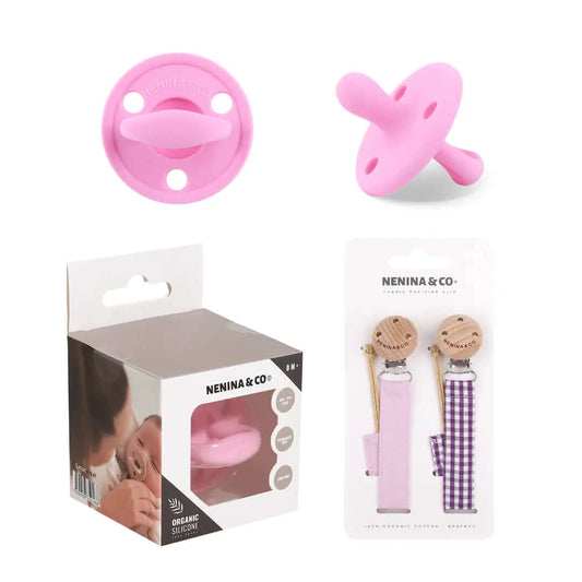 Kit Nenina & Co – Rosa chicle| 2 Chupeteros Algodón Orgánico + 1 Chupete Clásico de Silicona