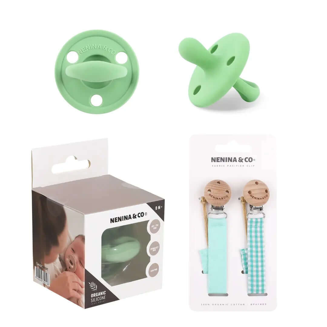Kit Nenina & Co – Oliva| 2 Chupeteros Algodón Orgánico + 1 Chupete Clásico de Silicona