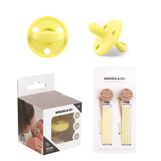 Kit Nenina & Co – Amarillo| 2 Chupeteros Algodón Orgánico + 1 Chupete Clásico de Silicona