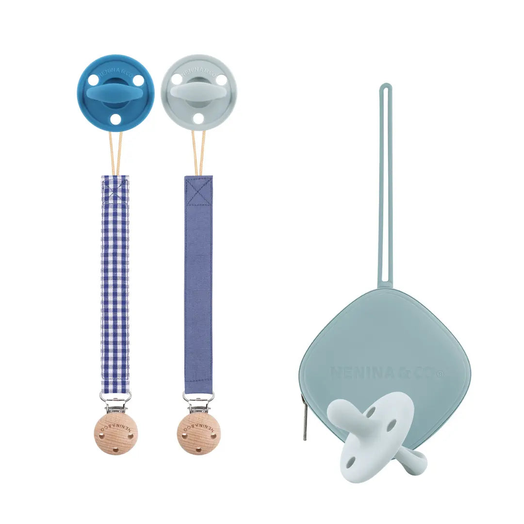 Kit Nenina & Co Azul + Gris| 2 Chupetes + 2 Chupeteros + Guardachupete