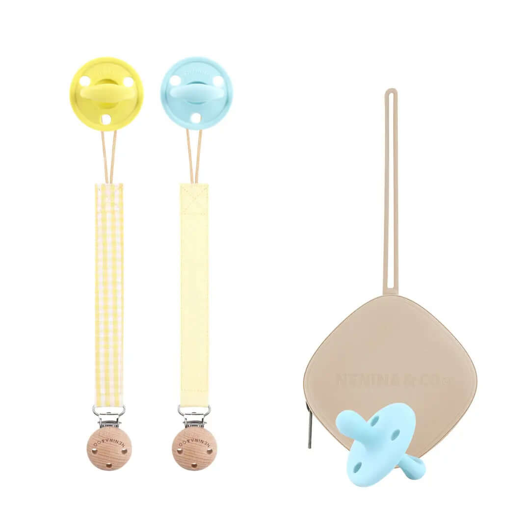 Kit Nenina & Co Amarillo + Celeste| 2 Chupetes + 2 Chupeteros + Guardachupete