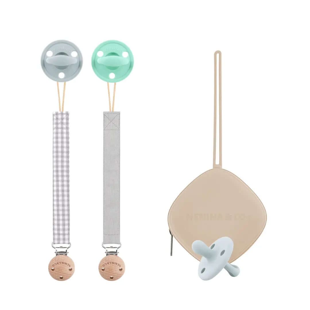 Kit Nenina & Co Gris + Mint| 2 Chupetes + 2 Chupeteros + Guardachupete