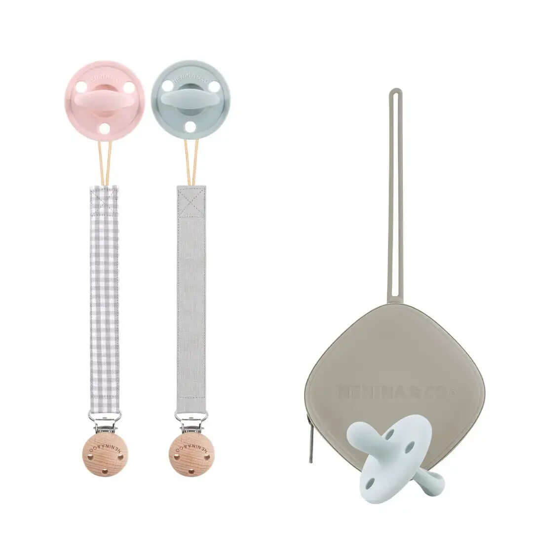 Kit Nenina & Co Rosa pálido + Gris| 2 Chupetes + 2 Chupeteros + Guardachupete