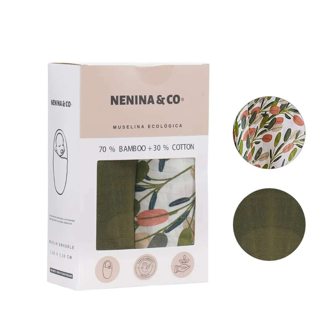 Pack 2 Muselinas Nature + Oliva  70% Bamboo +30 % Algodón Nenina & Co
