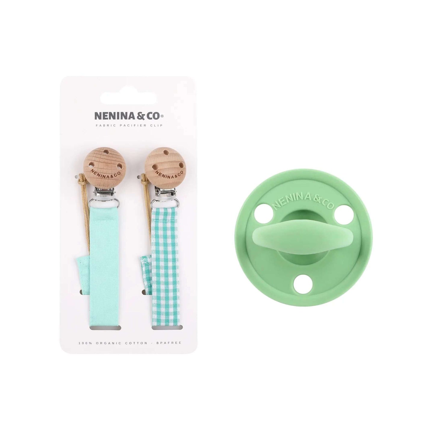 Kit Nenina & Co – Oliva | 2 Chupeteros Algodón Orgánico + 1 Chupete Clásico de Silicona