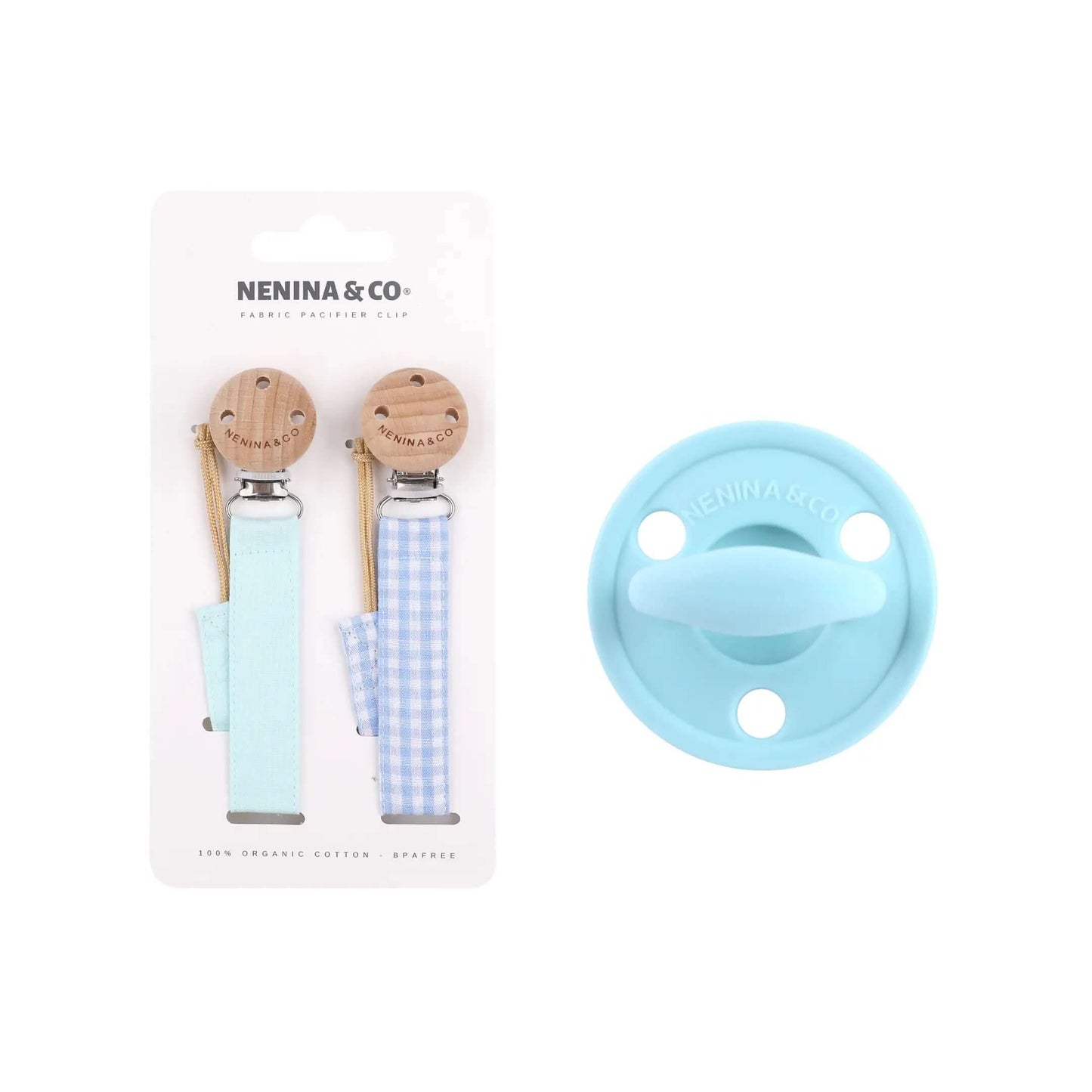 Kit Nenina & Co –  Celeste | 2 Chupeteros Algodón Orgánico + 1 Chupete Clásico de Silicona