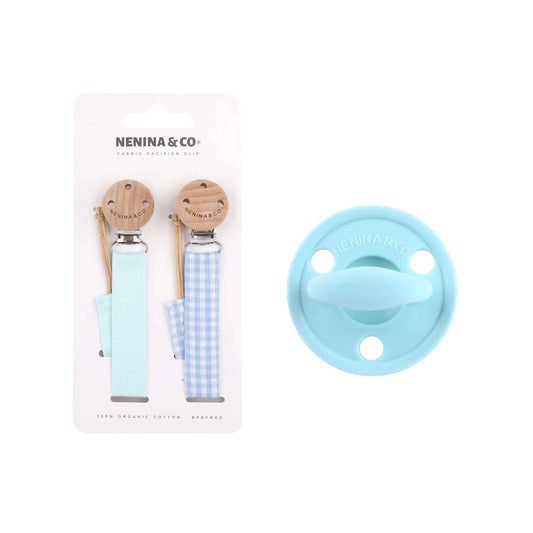 Kit Nenina & Co –  Celeste | 2 Chupeteros Algodón Orgánico + 1 Chupete Clásico de Silicona