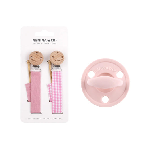 Kit Nenina & Co – Rosa pálido | 2 Chupeteros Algodón Orgánico + 1 Chupete Clásico de Silicona
