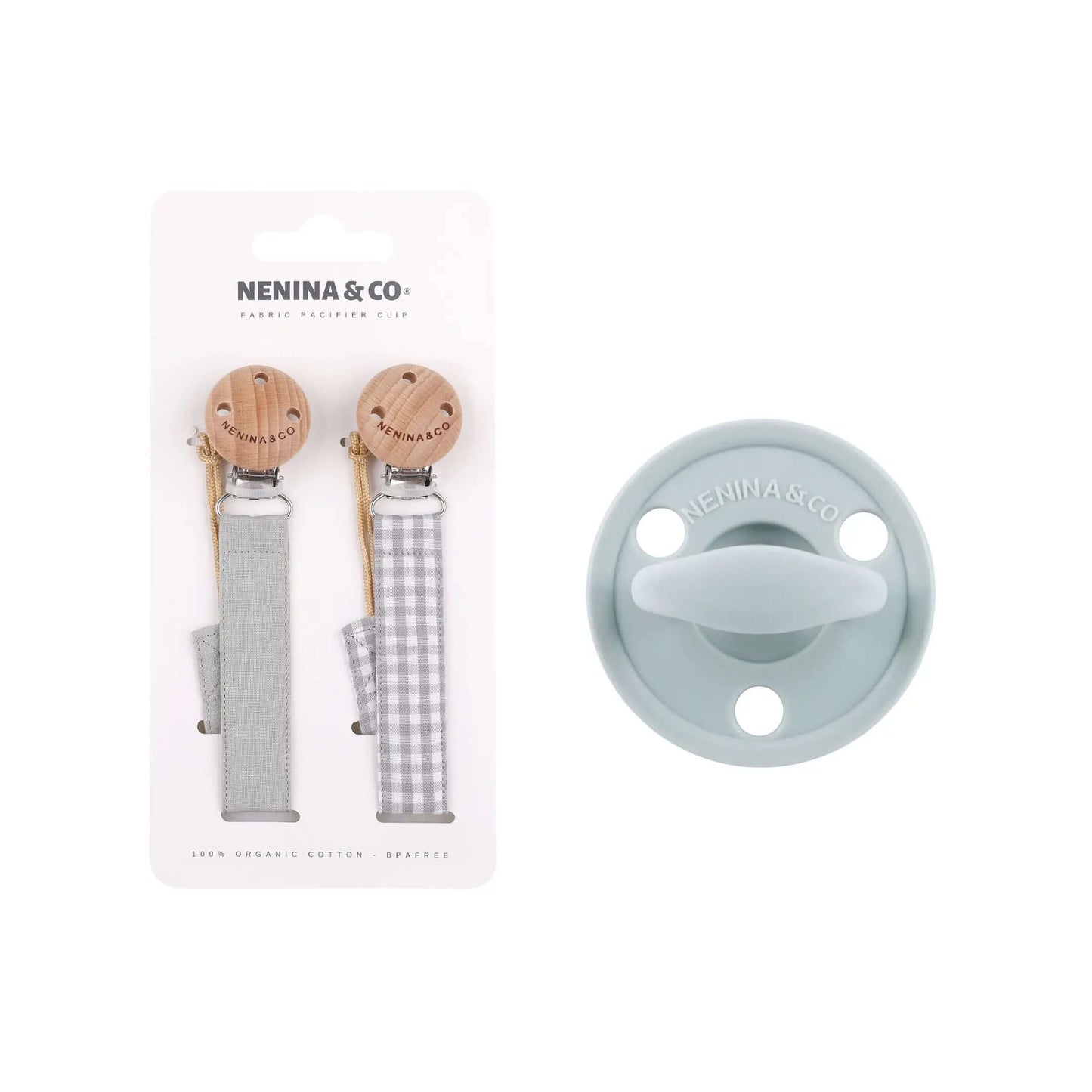 Kit Nenina & Co – Gris 2 Chupeteros Algodón Orgánico + 1 Chupete Clásico de Silicona