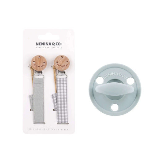 Kit Nenina & Co – Gris 2 Chupeteros Algodón Orgánico + 1 Chupete Clásico de Silicona