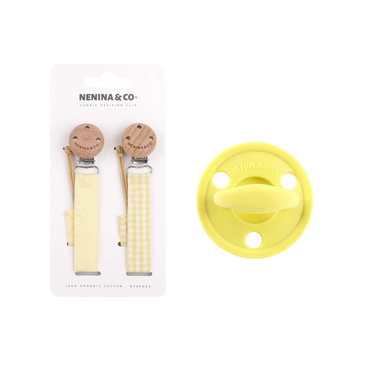Kit Nenina & Co – Amarillo | 2 Chupeteros Algodón Orgánico + 1 Chupete Clásico de Silicona