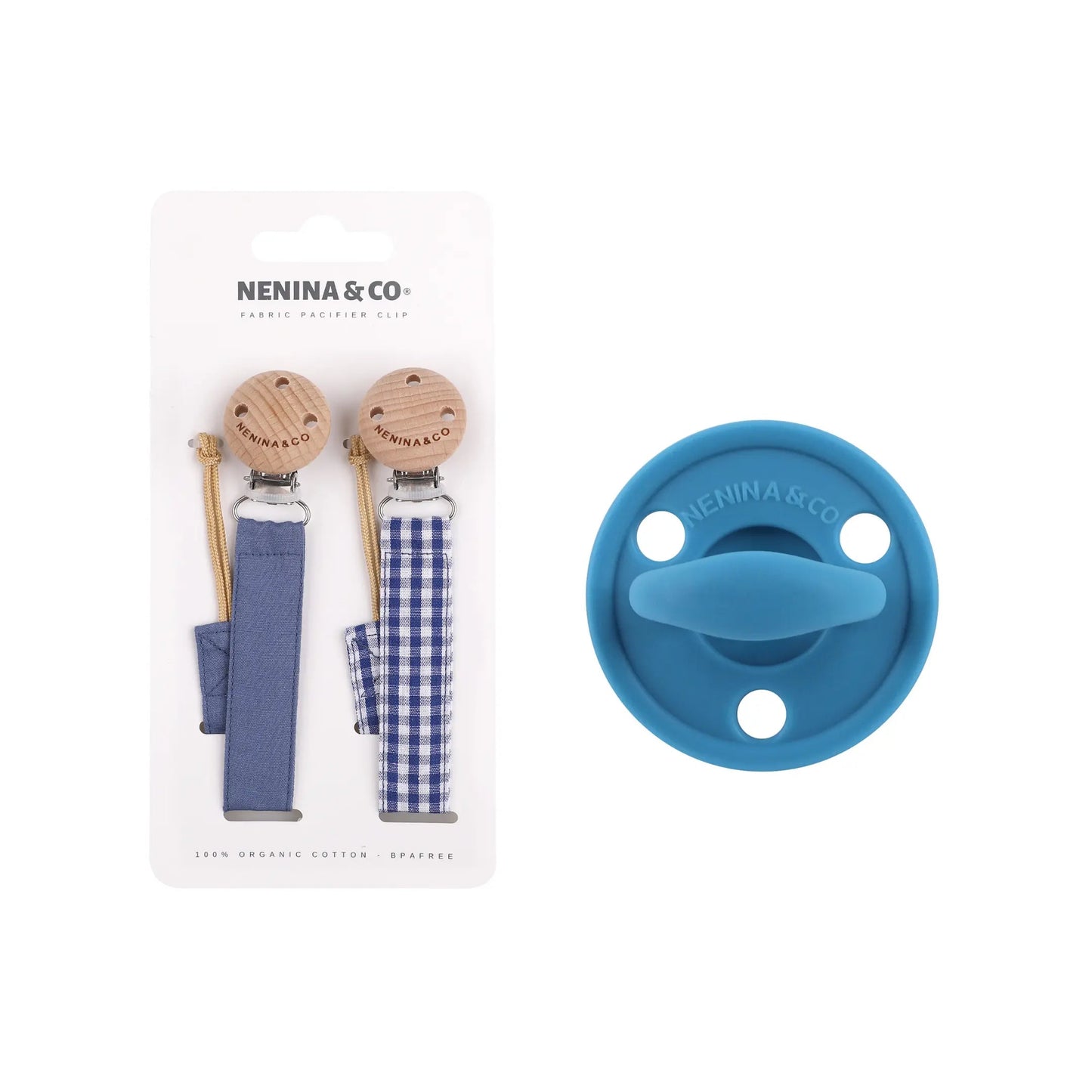 Kit Nenina & Co – Azul| 2 Chupeteros Algodón Orgánico + 1 Chupete Clásico de Silicona
