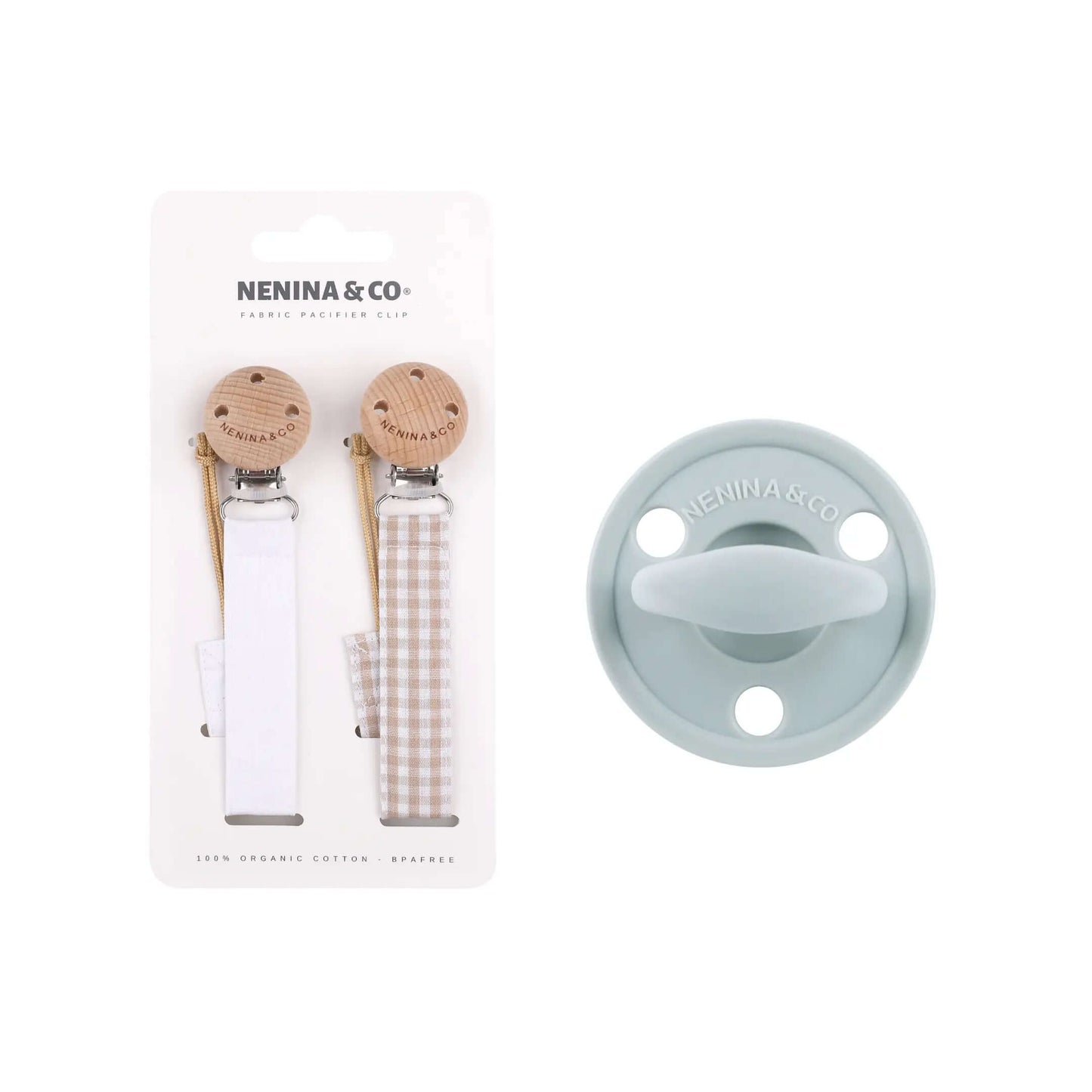 Kit Nenina & Co – Beige | 2 Chupeteros Algodón Orgánico + 1 Chupete Clásico de Silicona