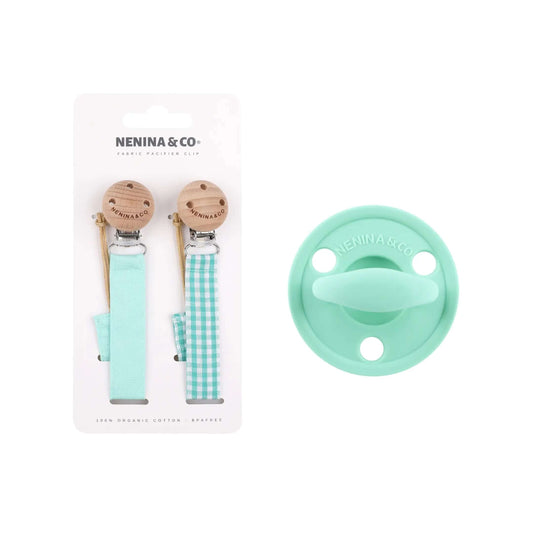 Kit Nenina & Co – Mint | 2 Chupeteros Algodón Orgánico + 1 Chupete Clásico de Silicona