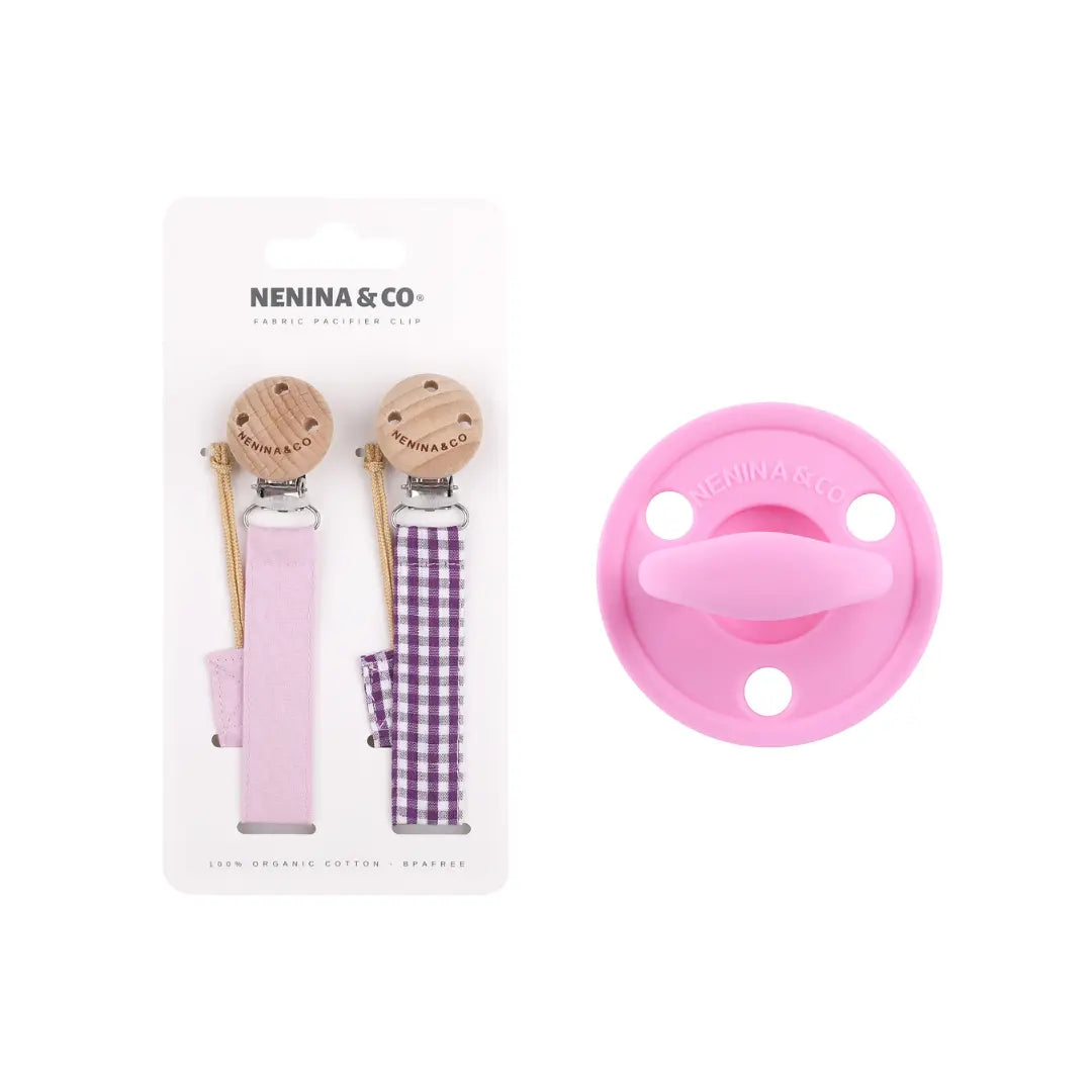 Kit Nenina & Co – Rosa chicle | 2 Chupeteros Algodón Orgánico + 1 Chupete Clásico de Silicona