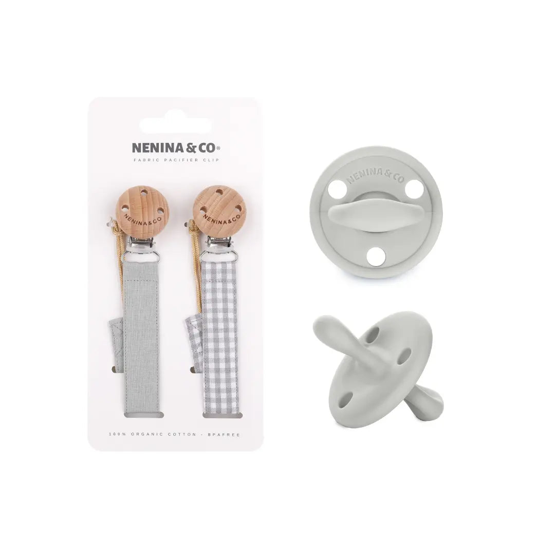 Pack 2 chupetes + Pack 2 chupeteros Gris DIAMOND By Nenina & Co