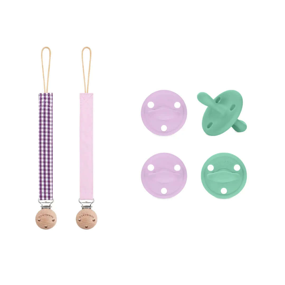 Pack 2 chupetes + Pack 2 chupeteros Lila y Mint DIAMOND By Nenina & Co