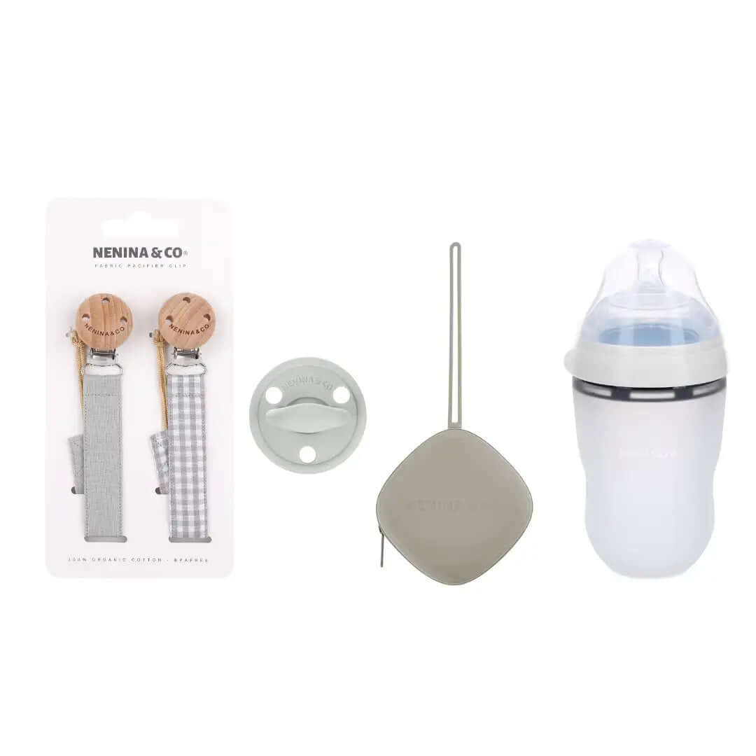 Kit de Biberón y Chupete Clásico con Chupeteros de Algodón para Bebé Recién Nacido | Nenina & Co