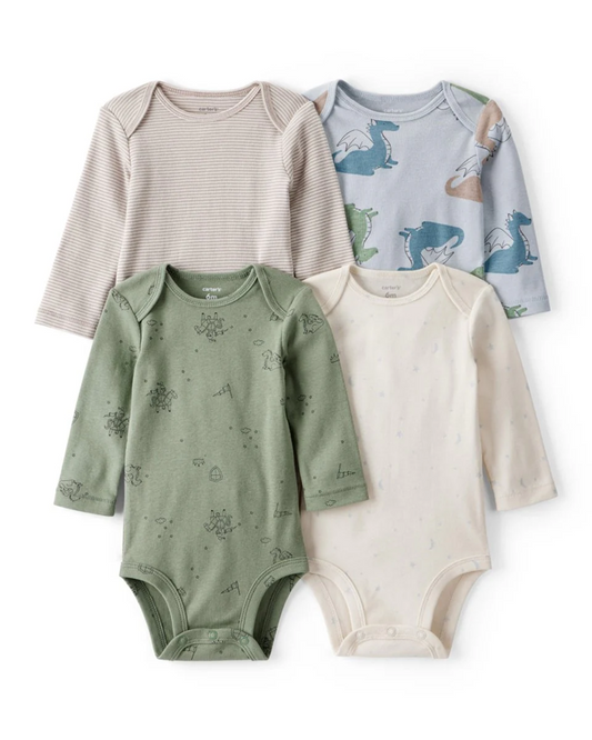 Pack 4 bodies de manga larga con dragones, estrellas y rayas