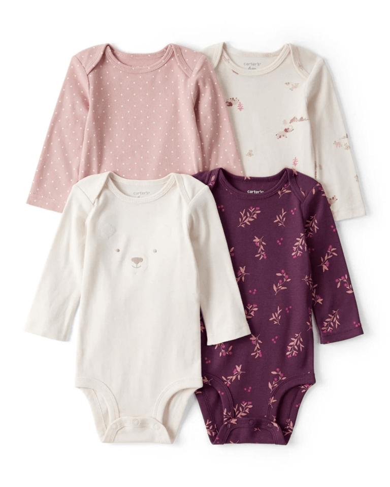 Pack cuatro piezas body manga larga con diseño de oso malva