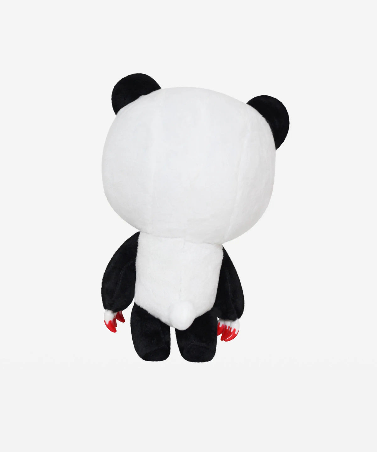 Back view of a black and white Gloomy Bear panda plush with red claw tips on a plain white background.