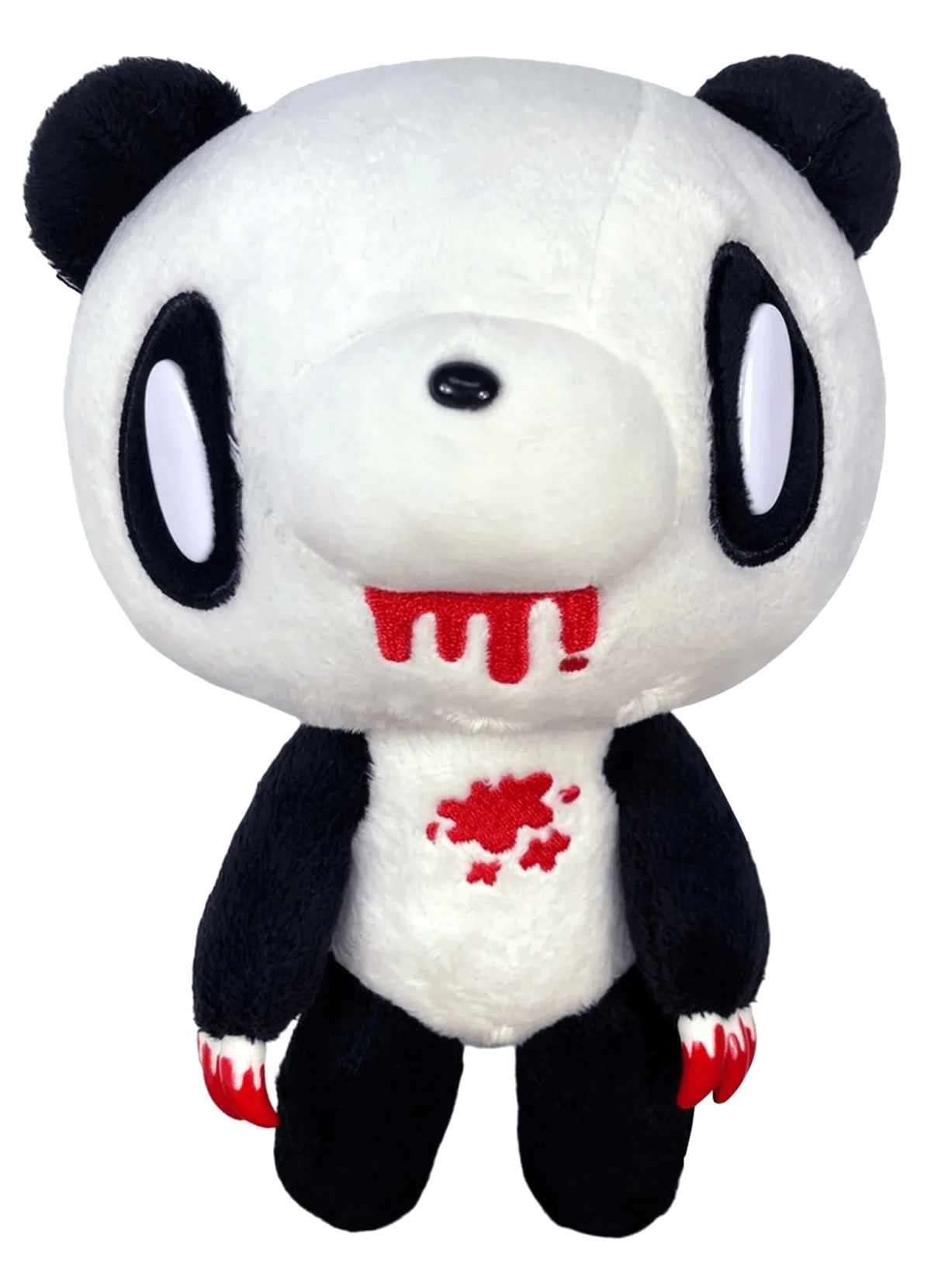 8-inch Gloomy Bear panda plush with soft white and black fur, red embroidered blood splatters, and pointed red claws.