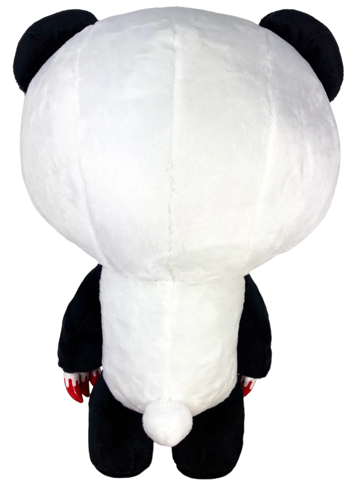 Back view of a plush Gloomy Bear Panda featuring white fur, black limbs, rounded ears, and red claw-tipped paws.