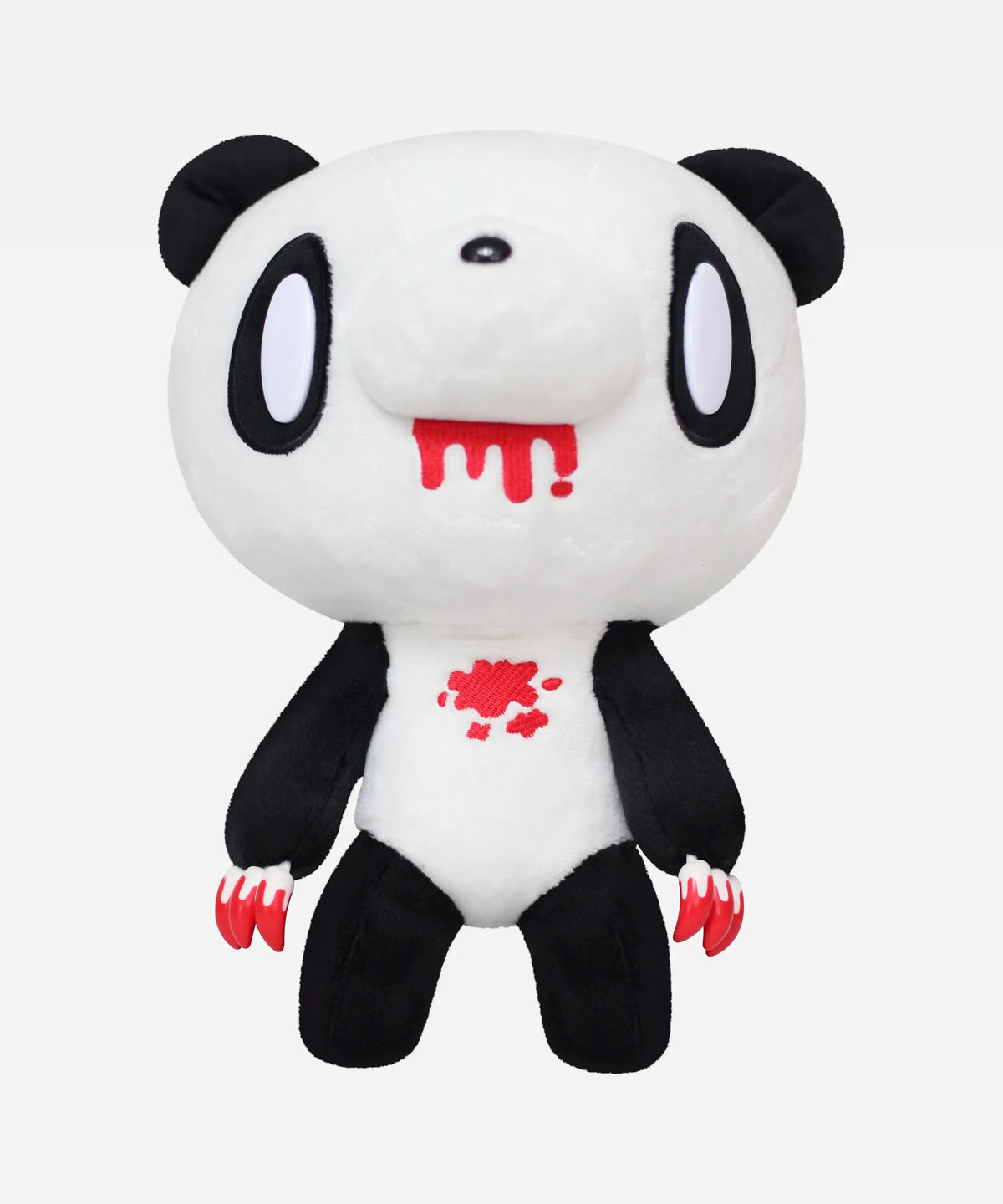 12" plush panda with soft white and black fabric, featuring red blood splatter details on its mouth, chest, and claws.