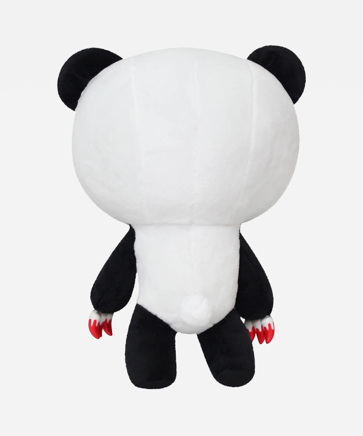 Back view of a 12" Gloomy Bear panda plush, white with black limbs and ears, featuring red blood-stained claws.
