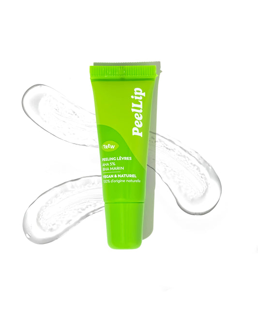 A bright green squeeze tube of lip peeling treatment centered over two smears of clear gel on a white background.