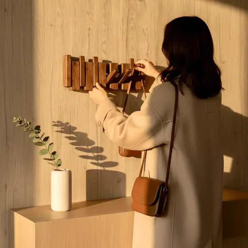 Mujer utilizando un perchero de pared Verona en madera natural, mostrando su diseño escandinavo y funcionalidad.