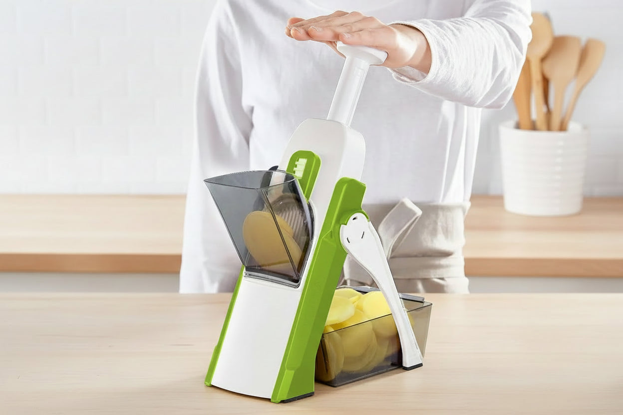 Persona usando Mandolina de seguridad para verduras multifunción con ajuste de grosor 0-8mm - Cortador sin BPA