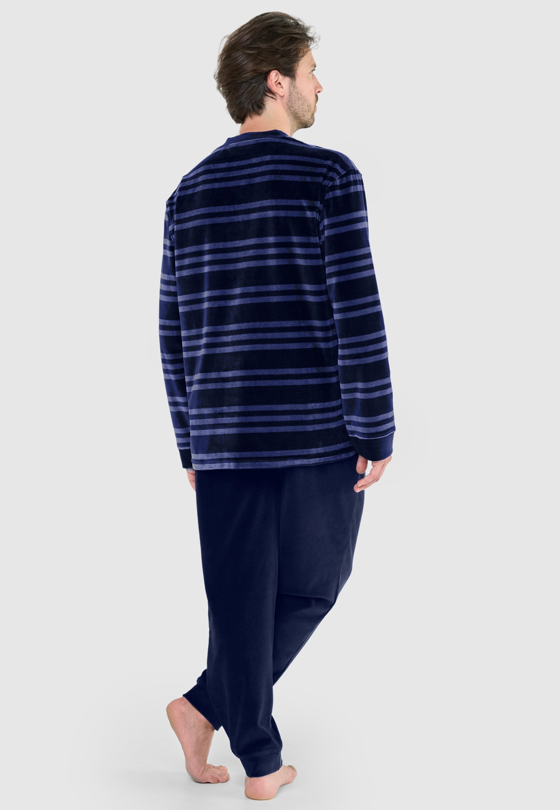 Pijama Hombre Invierno Terciopelo Rayas Azul - Cálido y Elegante