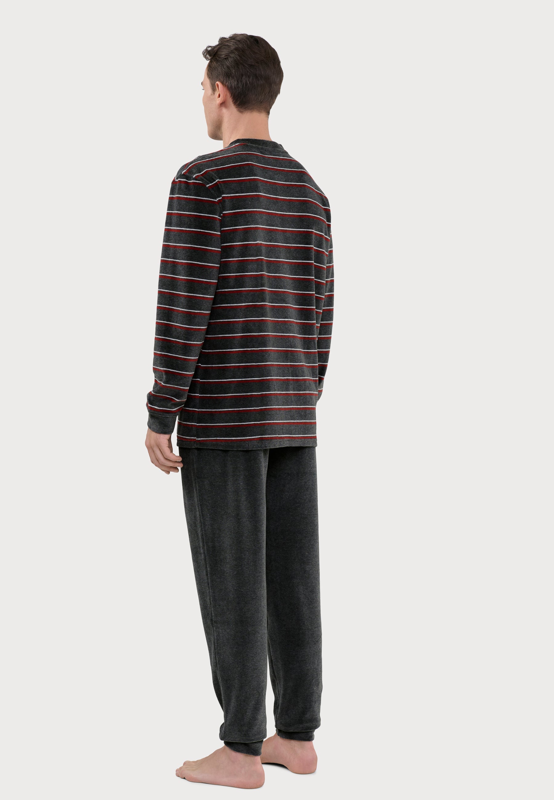 Pijama Hombre Invierno Terciopelo Rayas Gris - Cálido y Elegante