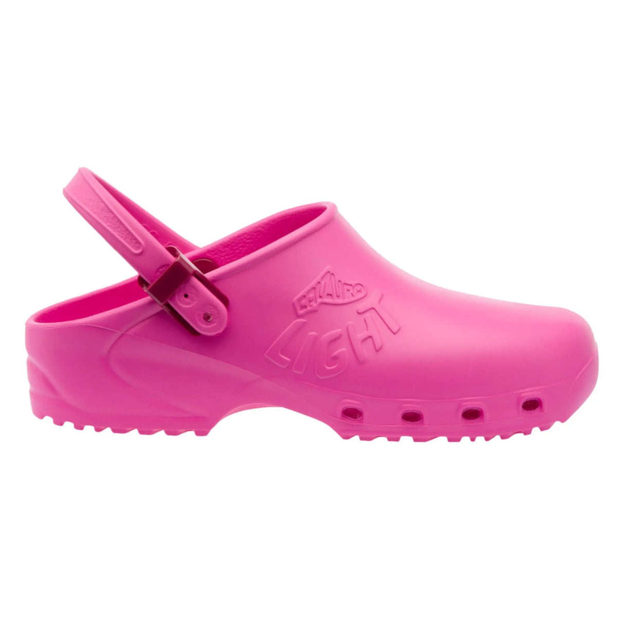 Light pink, slip-on rubber clog with a movable heel strap, side ventilation holes, and embossed logo on the side.