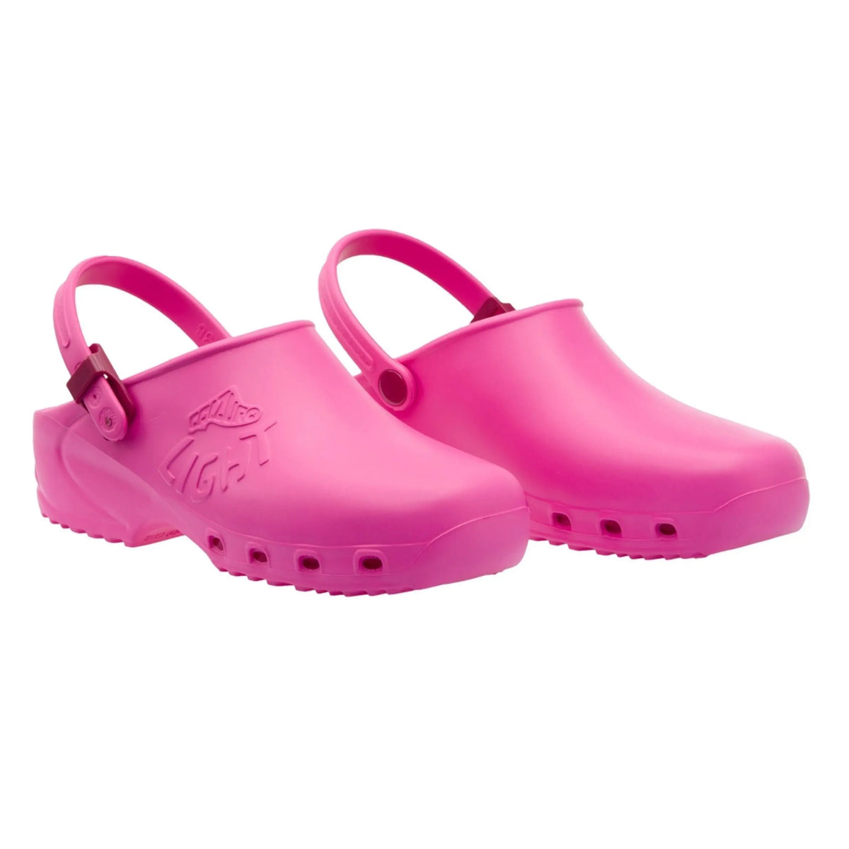 Pair of bright pink matte rubber clogs with pivoting heel straps, side ventilation holes, and embossed logo on side.